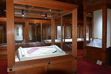 The interior of the treasure hall lined with display cases