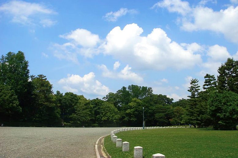 A broad gravel path and lawn in the Kyoto Gyoen National Garden