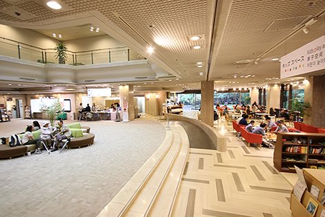 A lobby filled with visitors