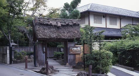 The entrance to a building with a thatched gate