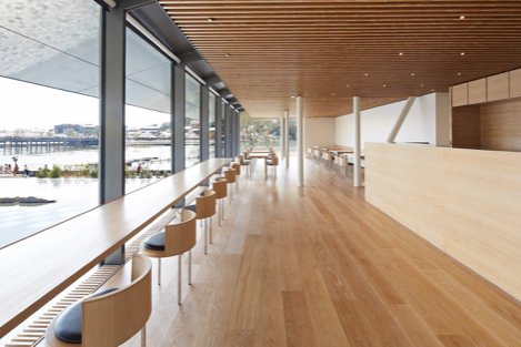 Counter seats by a window overlooking the river