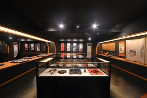 The interior of the building with display cases