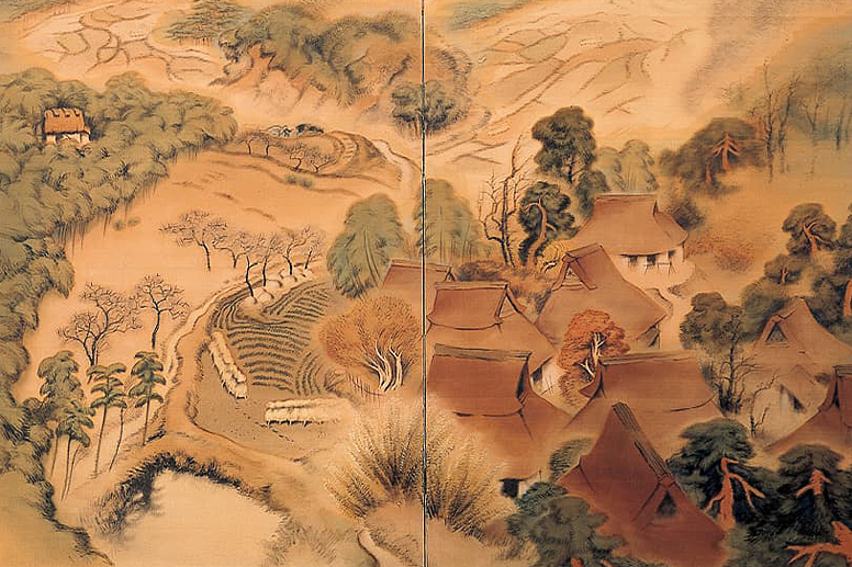 山里の風景を描いた屏風