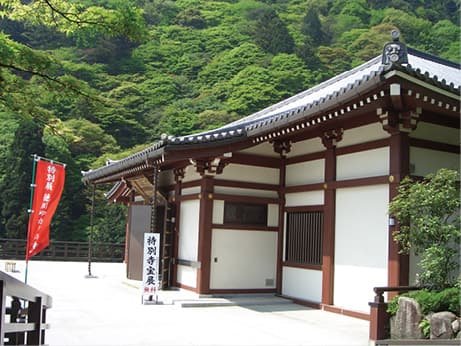 山を背にした白壁の建物