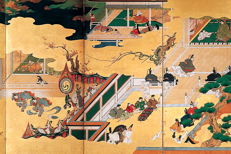 紙本金地著色 源氏物語野外風俗図 六曲一双（部分）